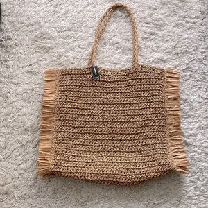 NWT Express Gold Metallic Fringe Detail Rattan Beach Tote